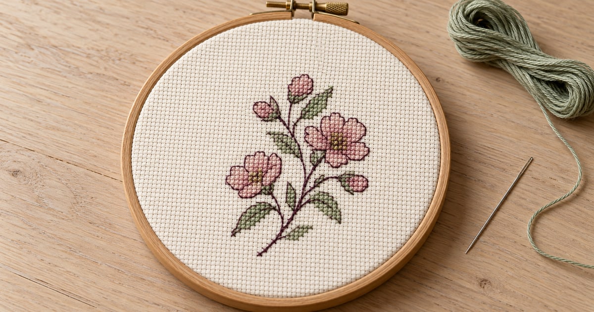 Botanisches Kreuzstichmotiv mit feinen dunklen Rückstichkonturen im Holzrahmen