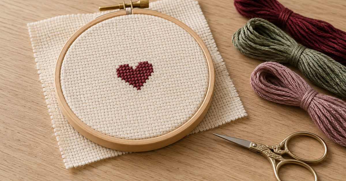 Small cross-stitch heart in a wooden hoop with embroidery floss and scissors on a light table