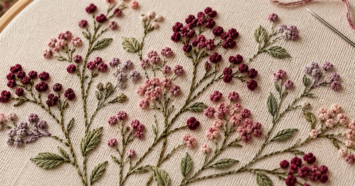 Flowers made from raised French knots in rose and burgundy on light embroidery fabric
