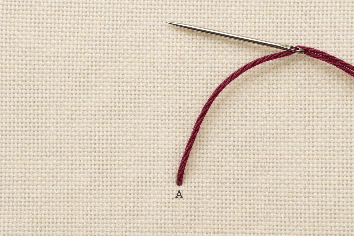 French knot step 1: the thread comes up through the fabric at point A