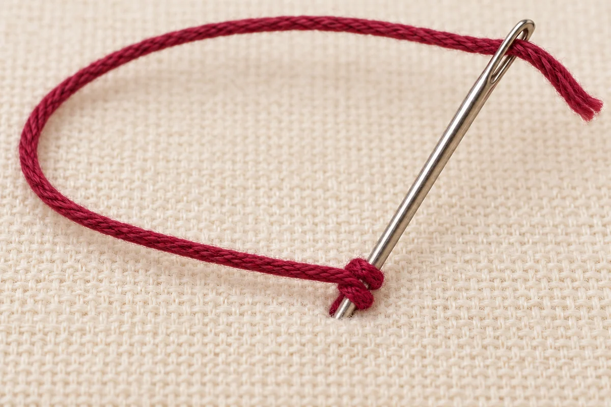 French knot step 3: the needle goes down next to where the thread emerged, with the wraps close to the fabric