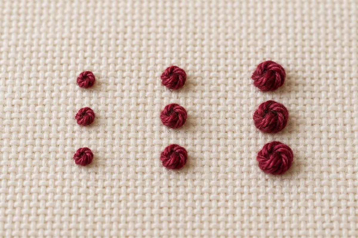 Finished French knots in different sizes on embroidery fabric