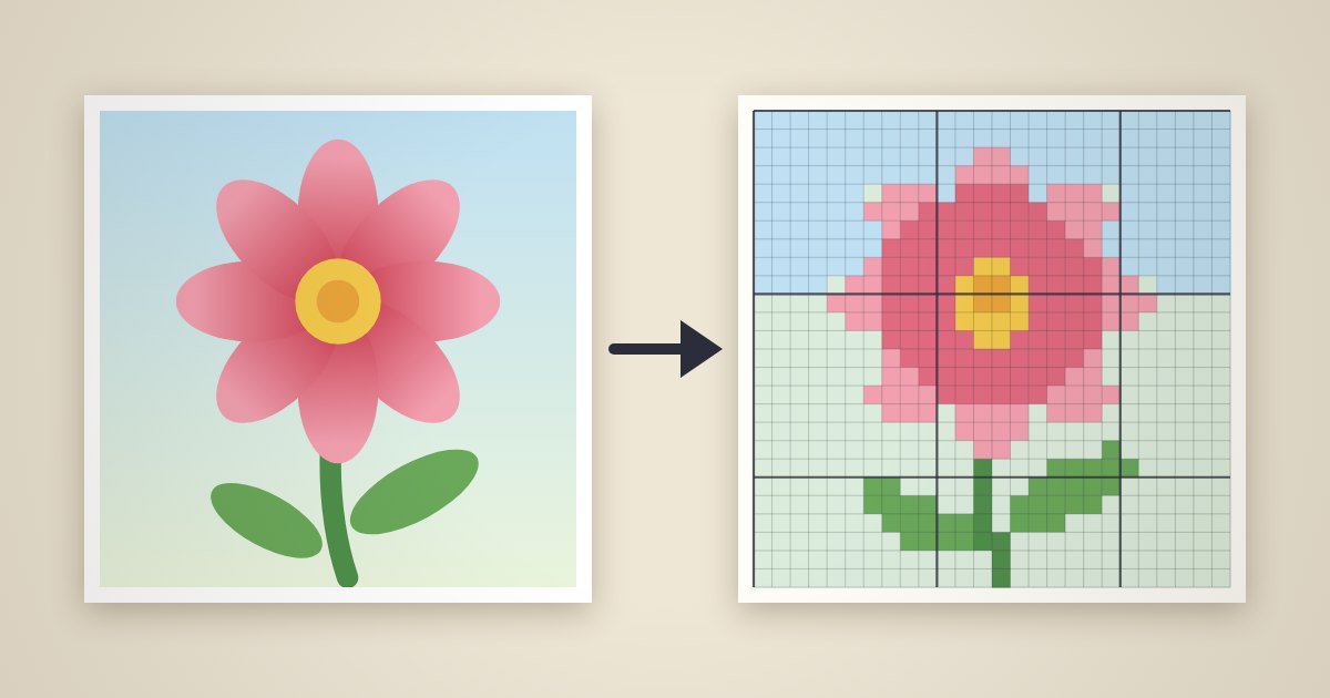 Einfache Blume links als Bild und rechts als Kreuzstichraster aus farbigen Kästchen