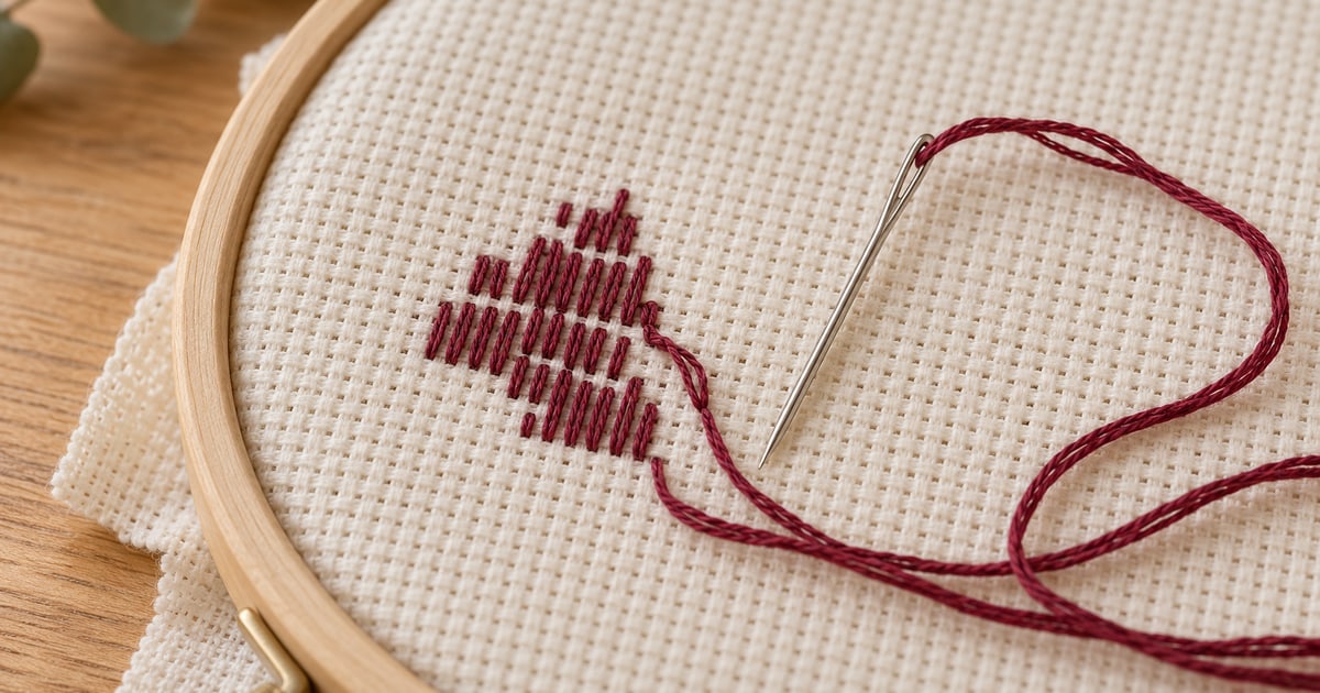 Neat back of an embroidery piece with burgundy floss and a tapestry needle