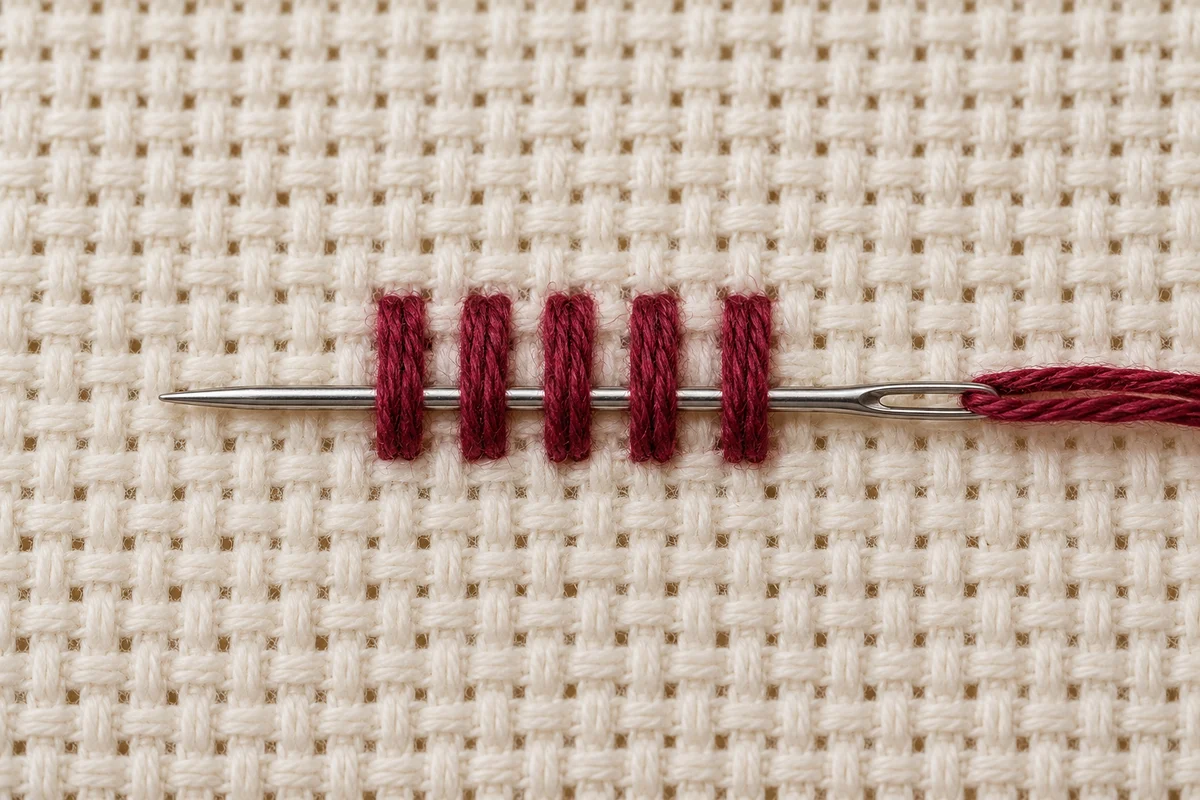 A tapestry needle slides under five burgundy thread bars on the back of the work