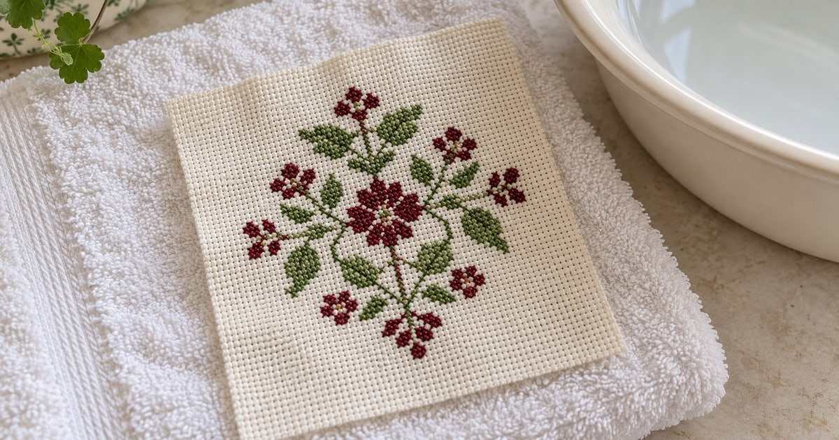 Botanical cross-stitch piece on a white towel beside a wash bowl