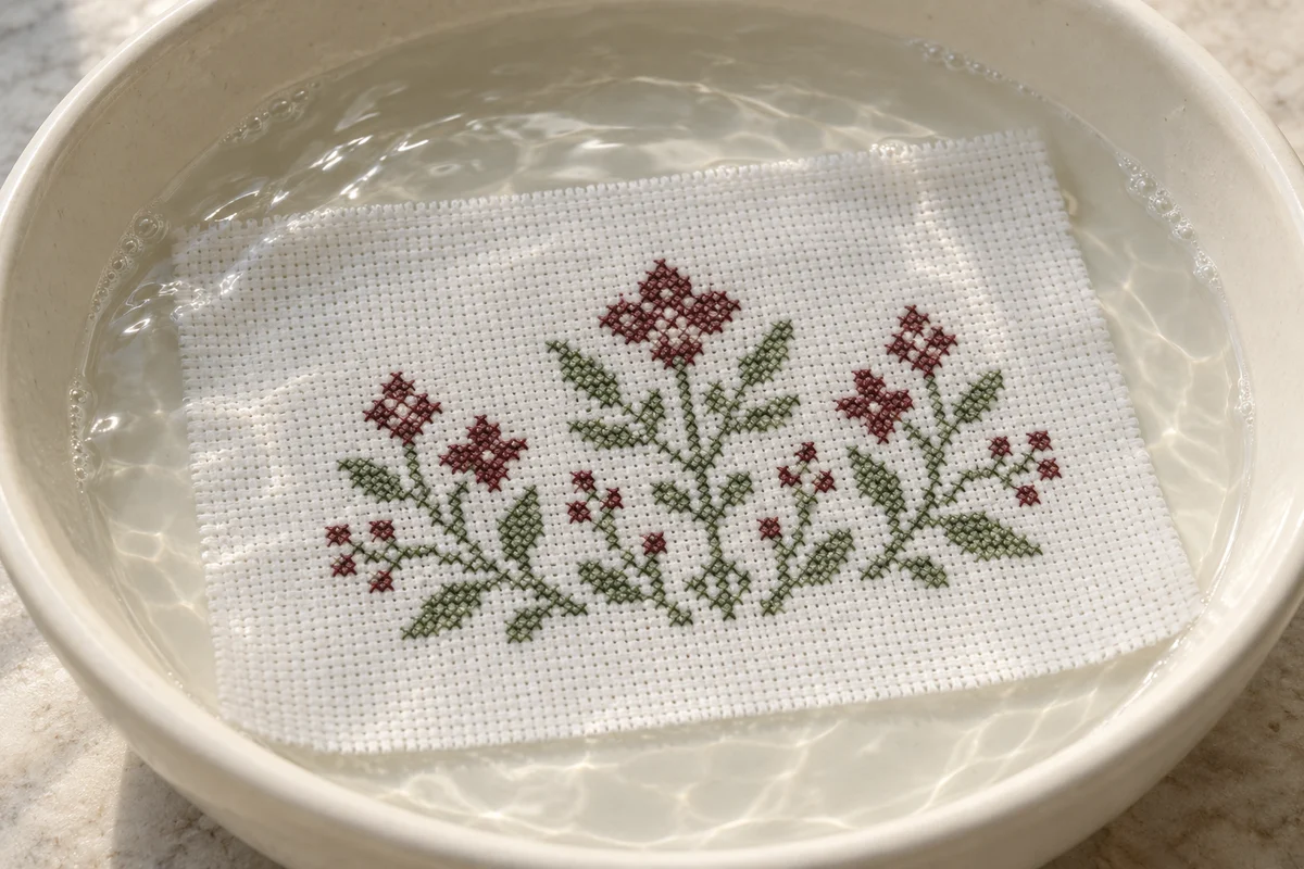 A cross-stitch piece lies spread out in clear water in a shallow wash bowl